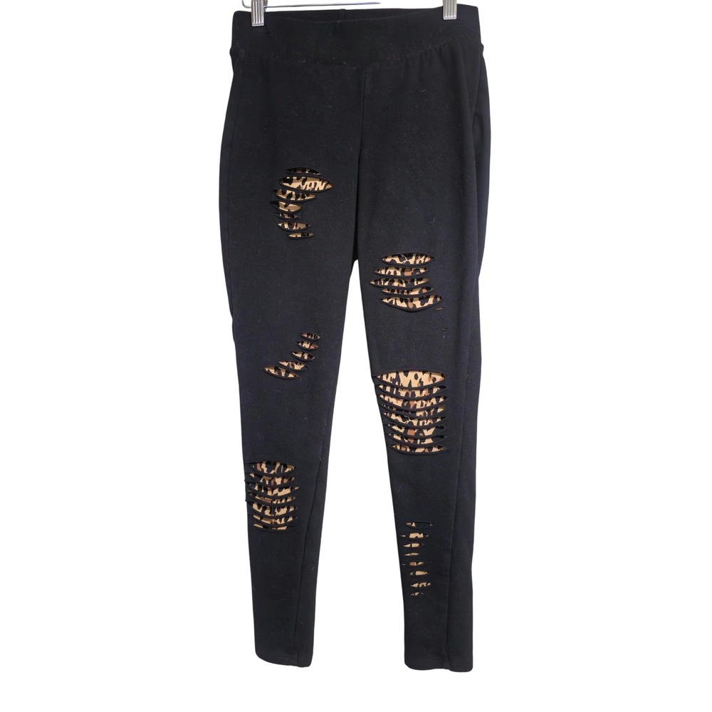 Torrid Black Leopard Print Ripped Distressed Leggings Pants Size 00 (M/L) EUC